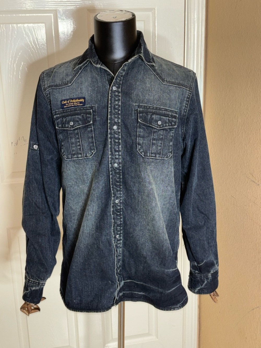 Cult of Individuality Western Pearl Snap Shirt Mens Blue Distressed Denim Large - Picture 6 of 12